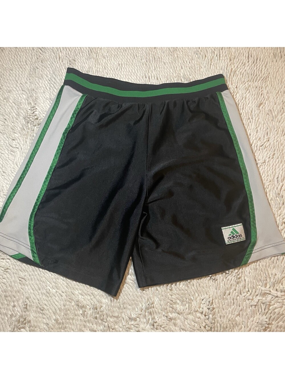 Vintage Adidas Basketball Shorts L Black Green Shiny Silky Dazzle Satin READ